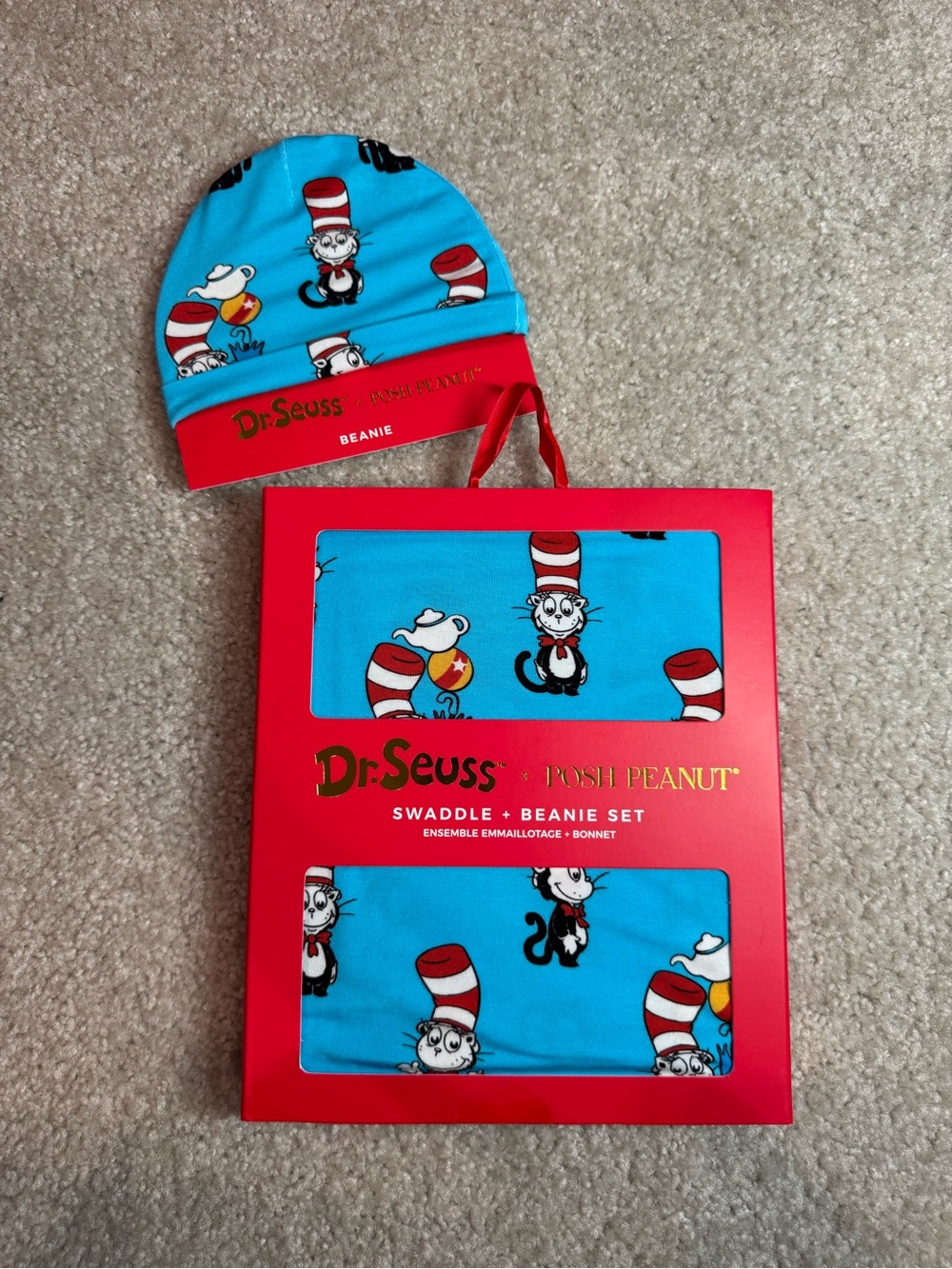 NIB Posh Peanut x Dr. Seuss Cat in the Hat Swaddle + Beanie Set